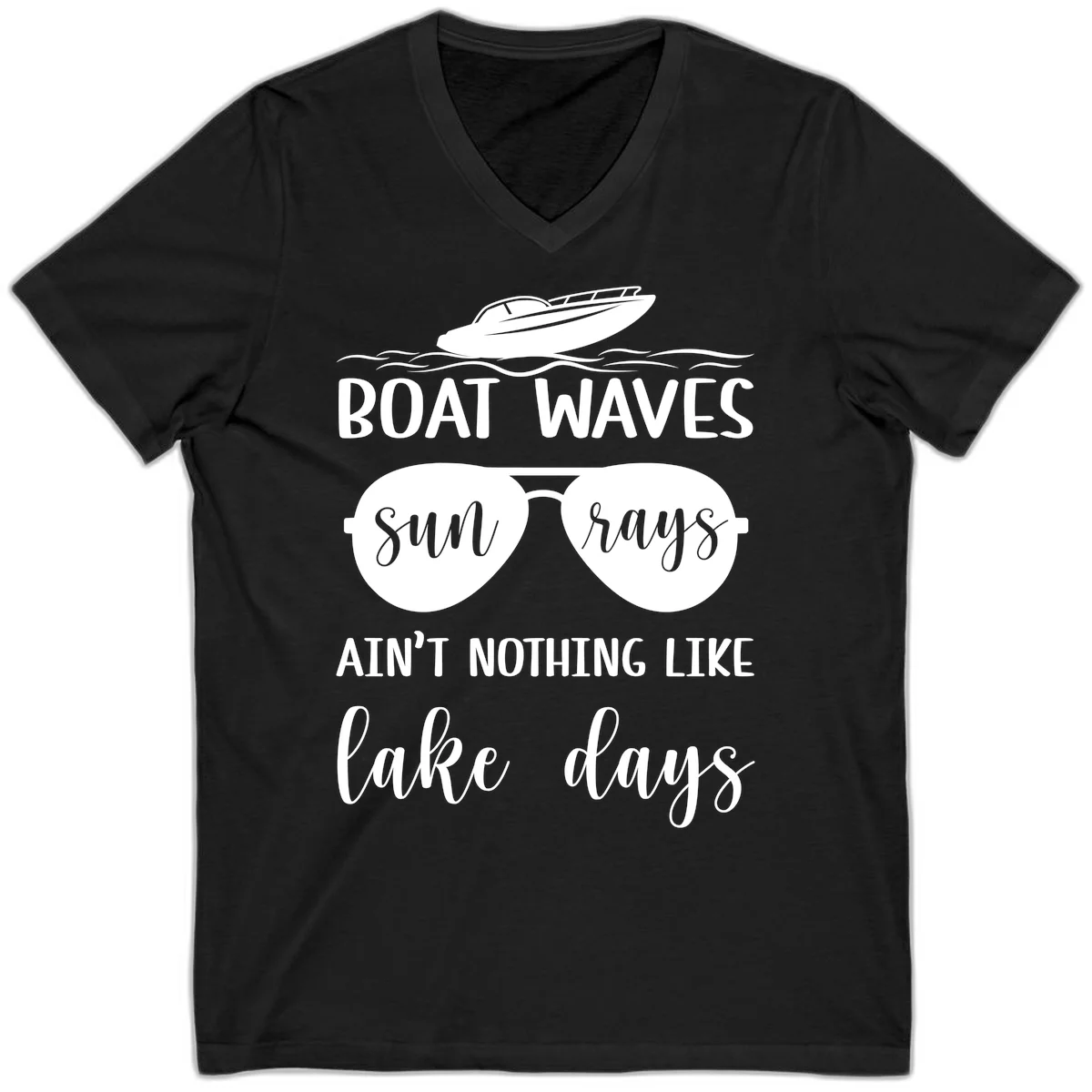 Boat Waves Sun Rays Lake Days V-Neck in Black