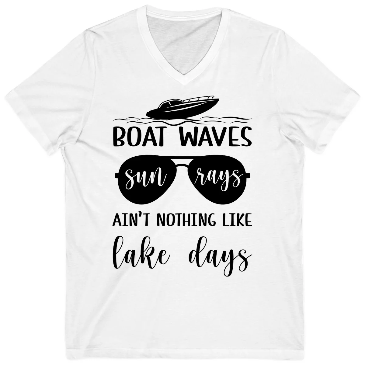 Boat Waves Sun Rays Lake Days V-Neck in White