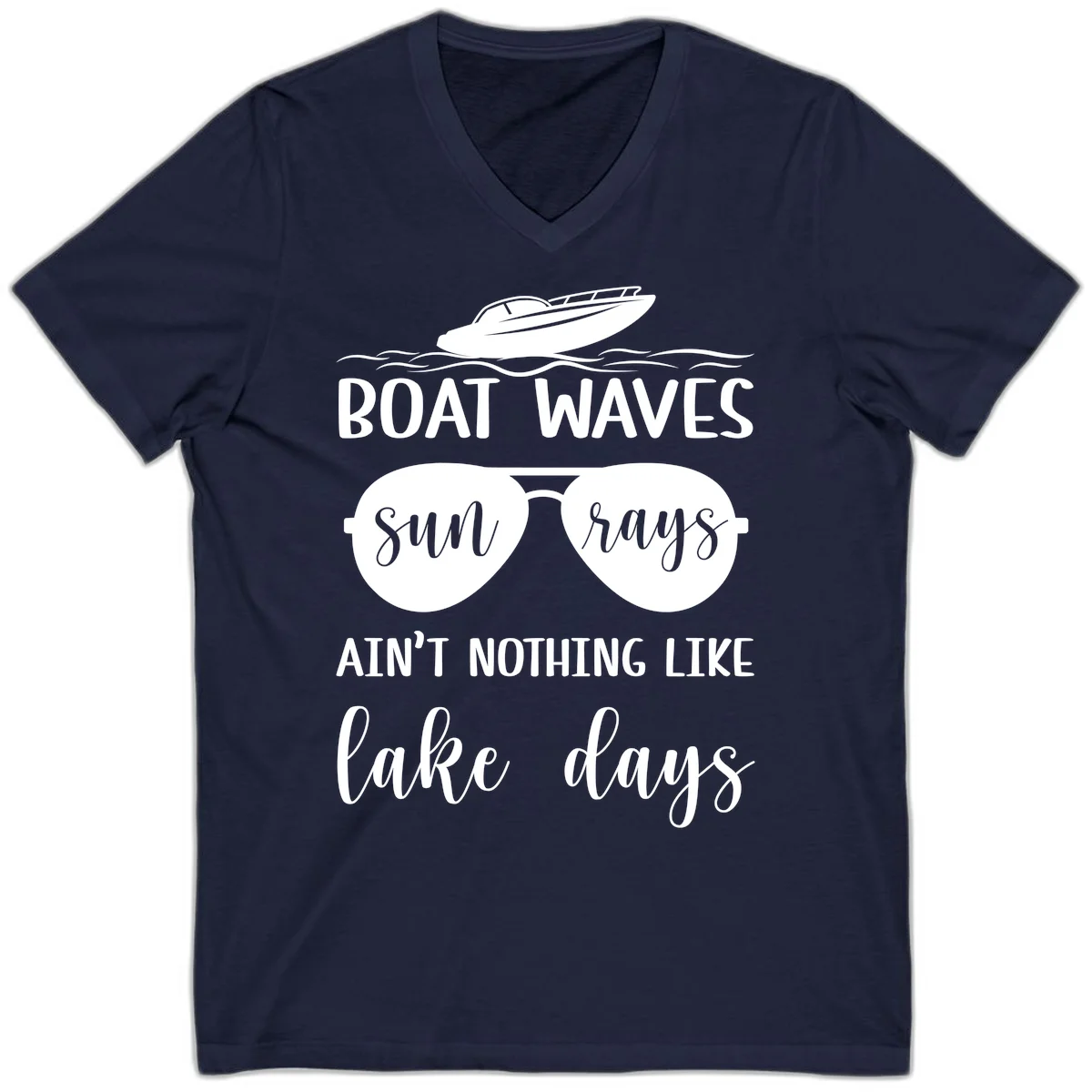 Boat Waves Sun Rays Lake Days V-Neck in Navy