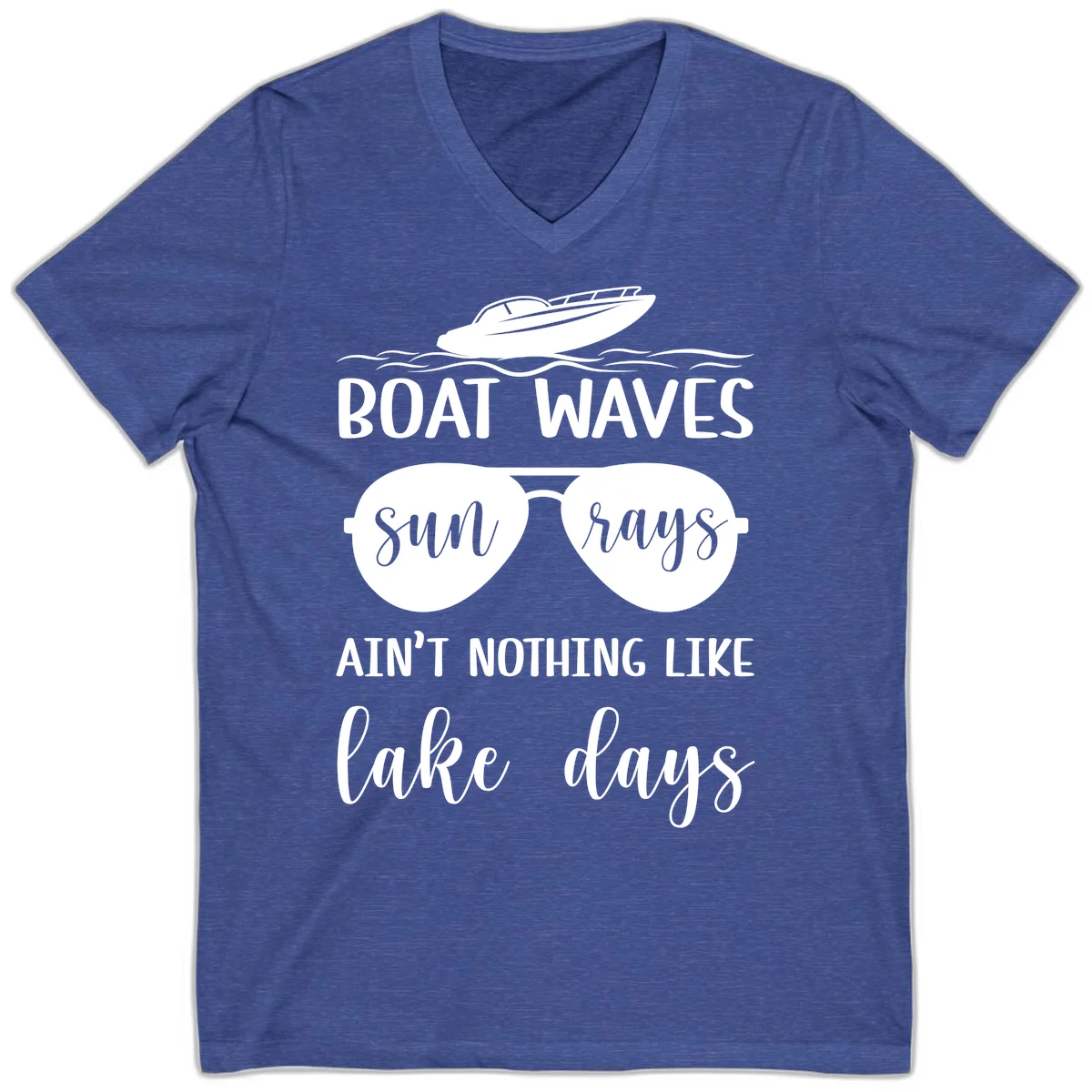 Boat Waves Sun Rays Lake Days V-Neck in Heather True Royal