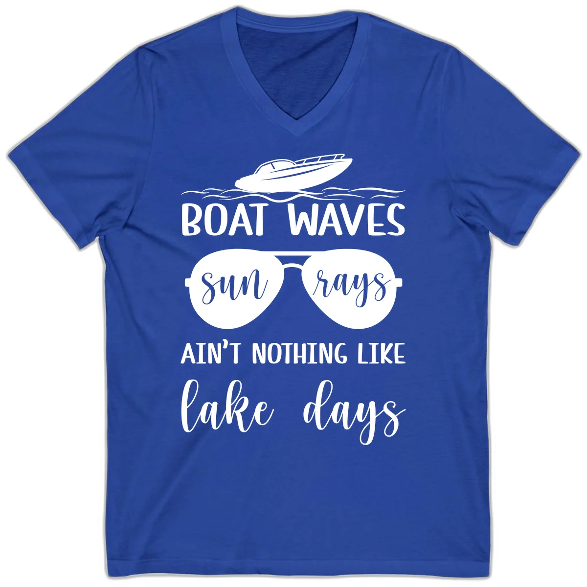 Boat Waves Sun Rays Lake Days V-Neck in True Royal