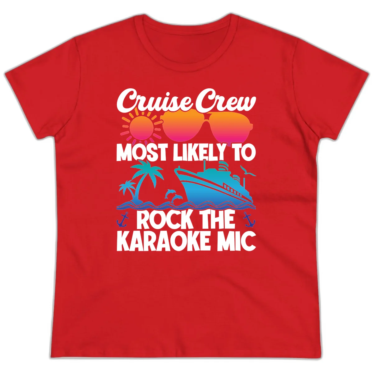 Cruise Crew Karaoke Rock Ladies Tee - Most Likely to Sing! in Red