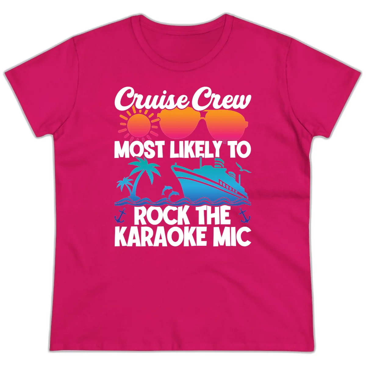 Cruise Crew Karaoke Rock Ladies Tee - Most Likely to Sing! in Heliconia