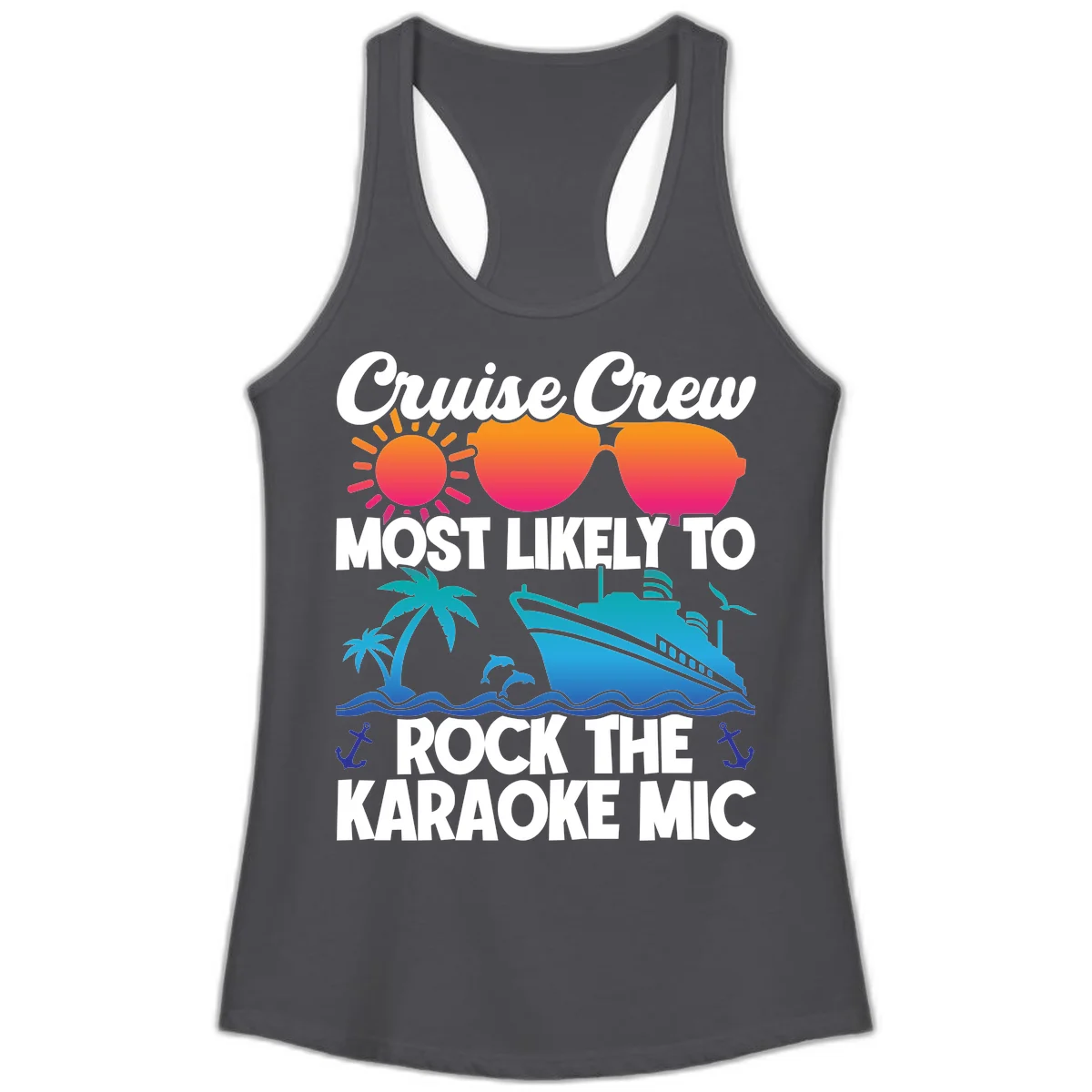 Cruise Crew Karaoke Rock Ladies Tank - Racerback Fun in Solid Dark Gray