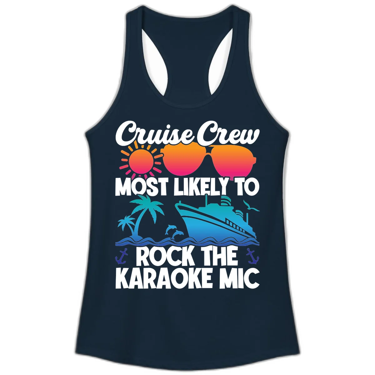 Cruise Crew Karaoke Rock Ladies Tank - Racerback Fun in Solid Midnight Navy