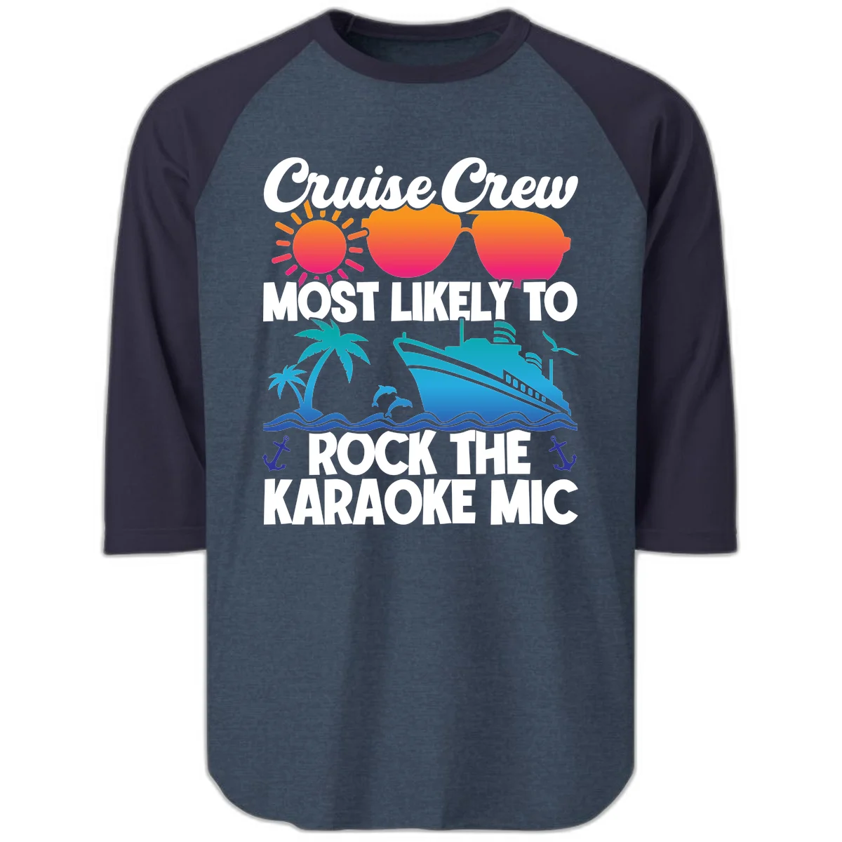 Cruise Crew Karaoke Rock Raglan 3/4 Tee - Baseball Style in Heather Denim Navy