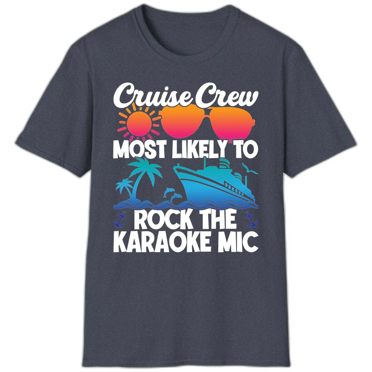 Cruise Crew Karaoke Rock T-Shirt - Most Likely to Rock the Mic in Heather Navy