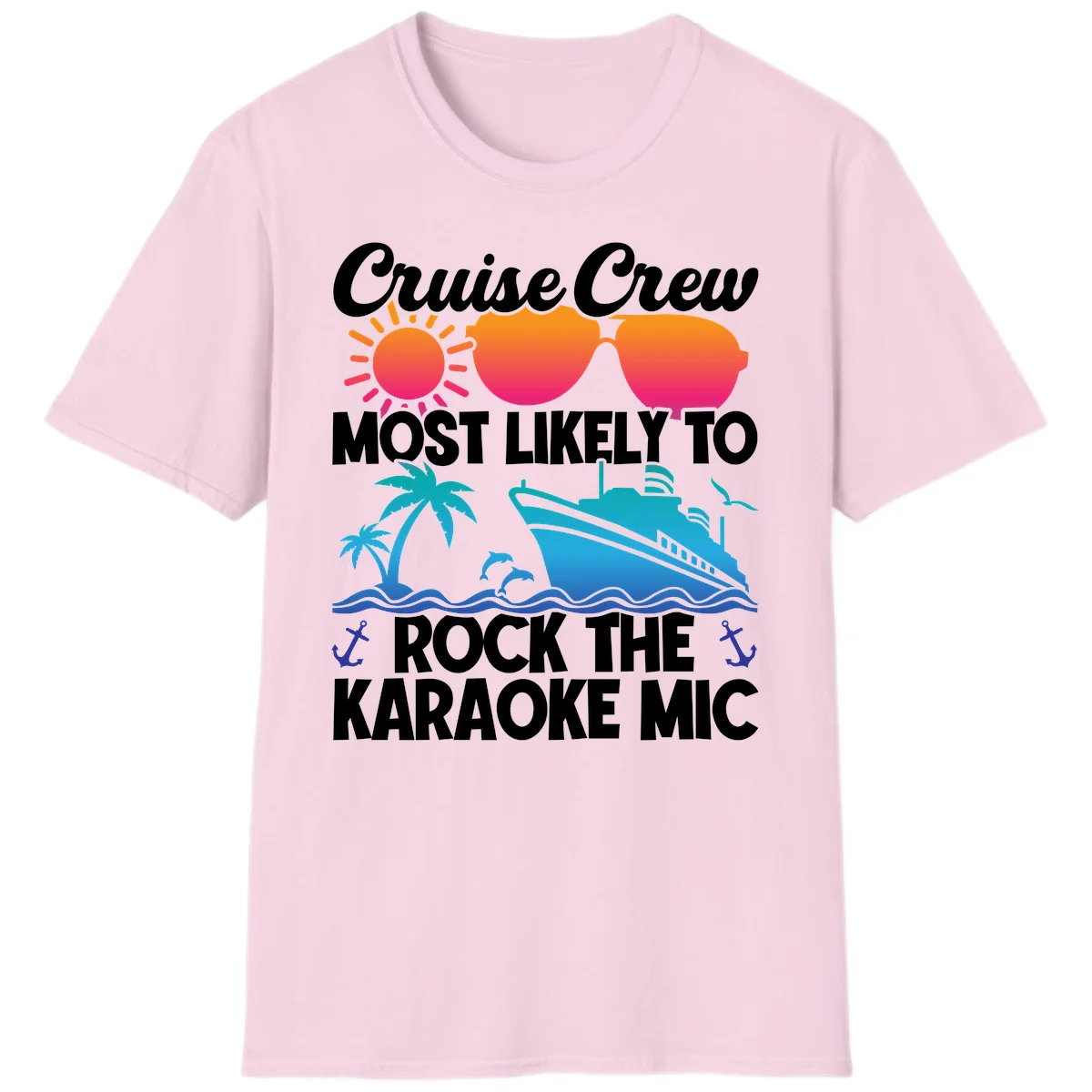Cruise Crew Karaoke Rock T-Shirt - Most Likely to Rock the Mic in Light Pink