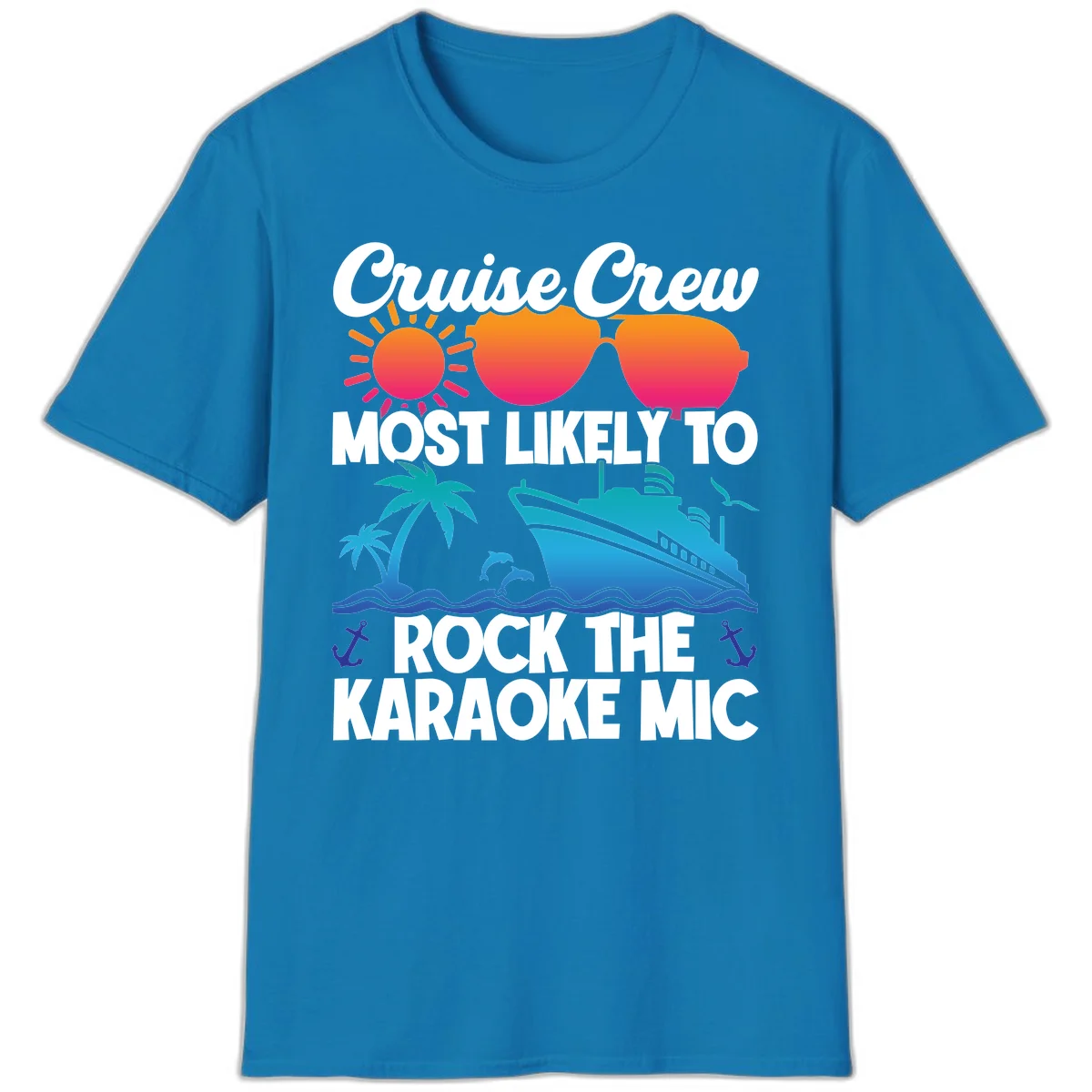 Cruise Crew Karaoke Rock T-Shirt - Most Likely to Rock the Mic in Sapphire