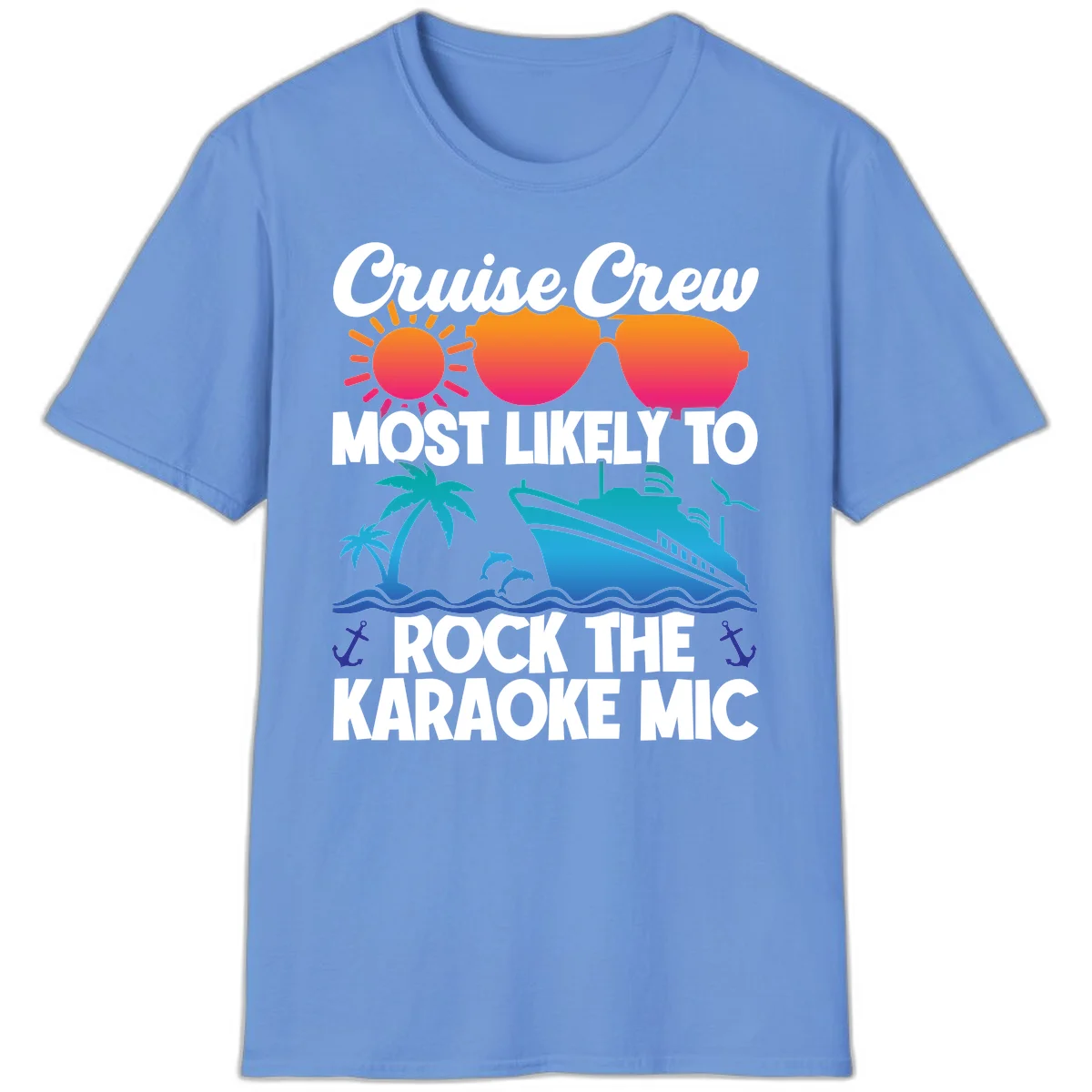 Cruise Crew Karaoke Rock T-Shirt - Most Likely to Rock the Mic in Carolina Blue