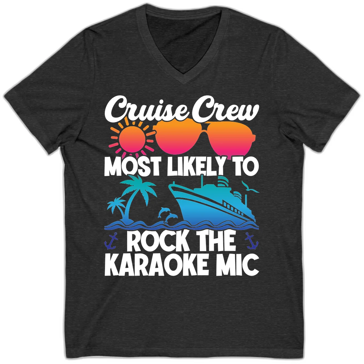 Cruise Crew Karaoke Rock V-Neck Tee - Stage Ready Style in Dark Grey Heather