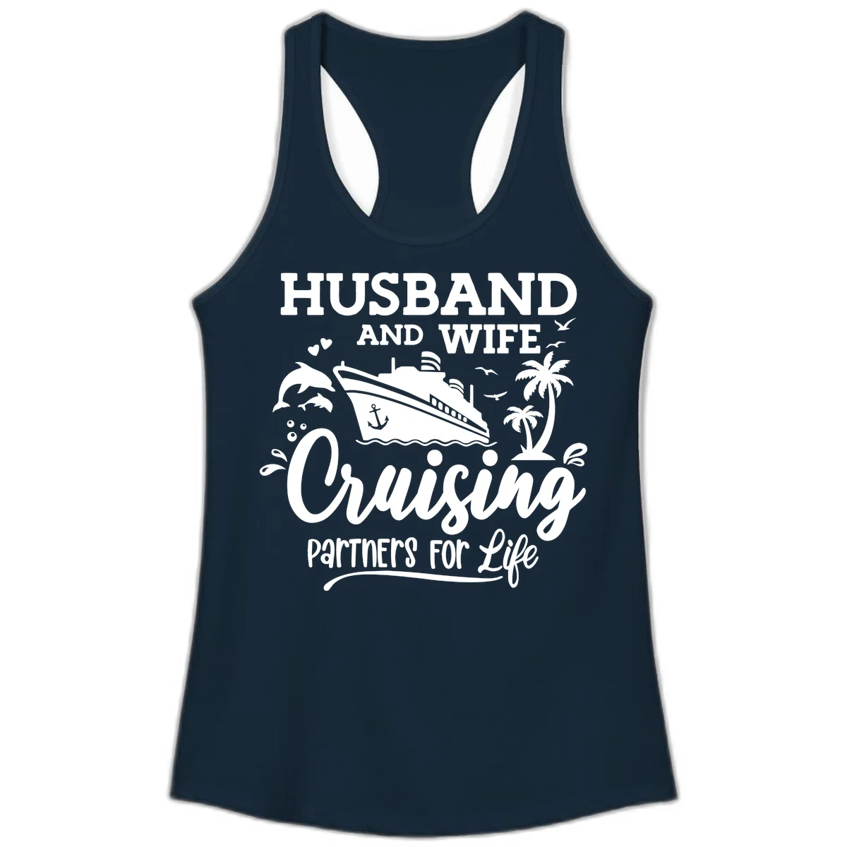 Husband And Wife Cruising Partners For Life Ladies Tank in Solid Midnight Navy