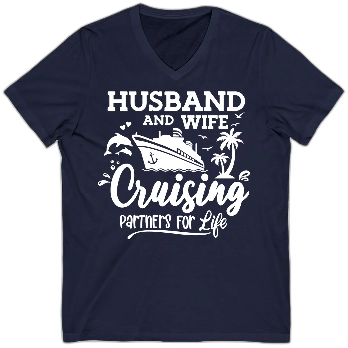 Husband And Wife Cruising Partners For Life V-Neck in Navy