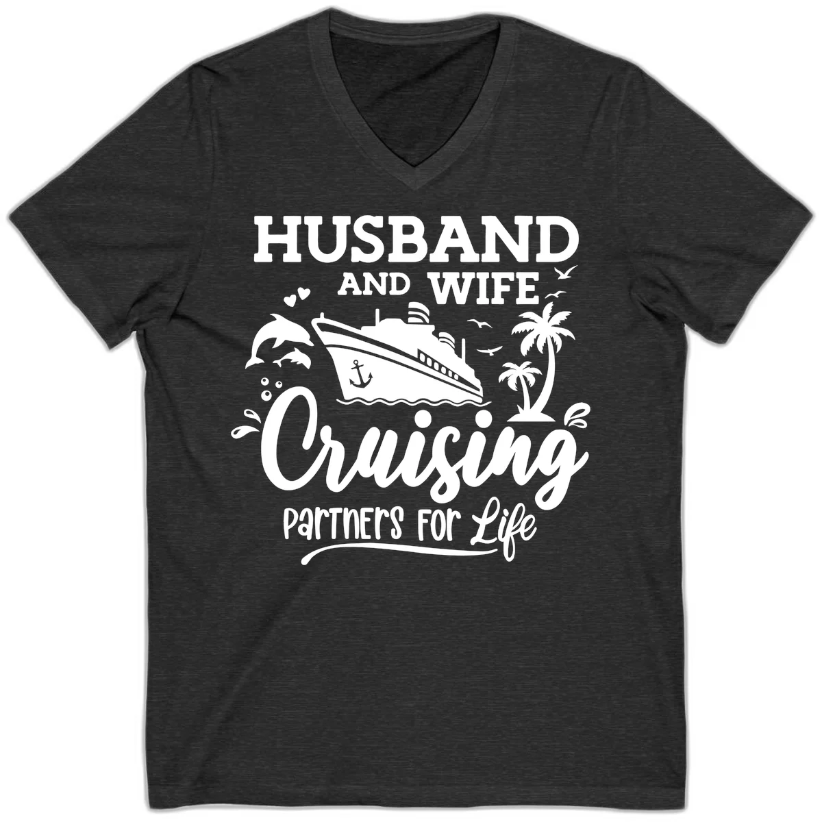 Husband And Wife Cruising Partners For Life V-Neck in Dark Grey Heather