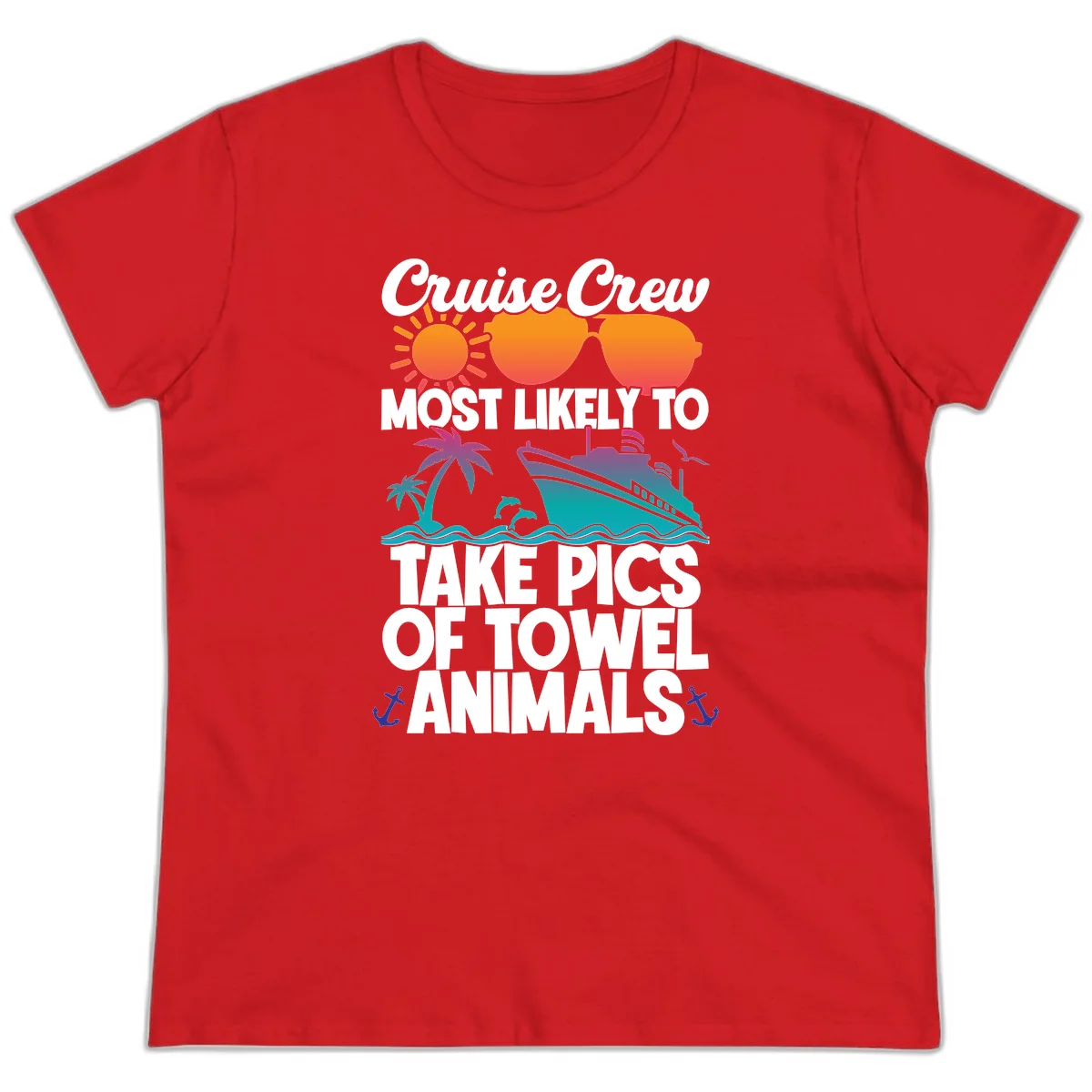 Cruise Crew Towel Animal Photos Ladies Tee in Red
