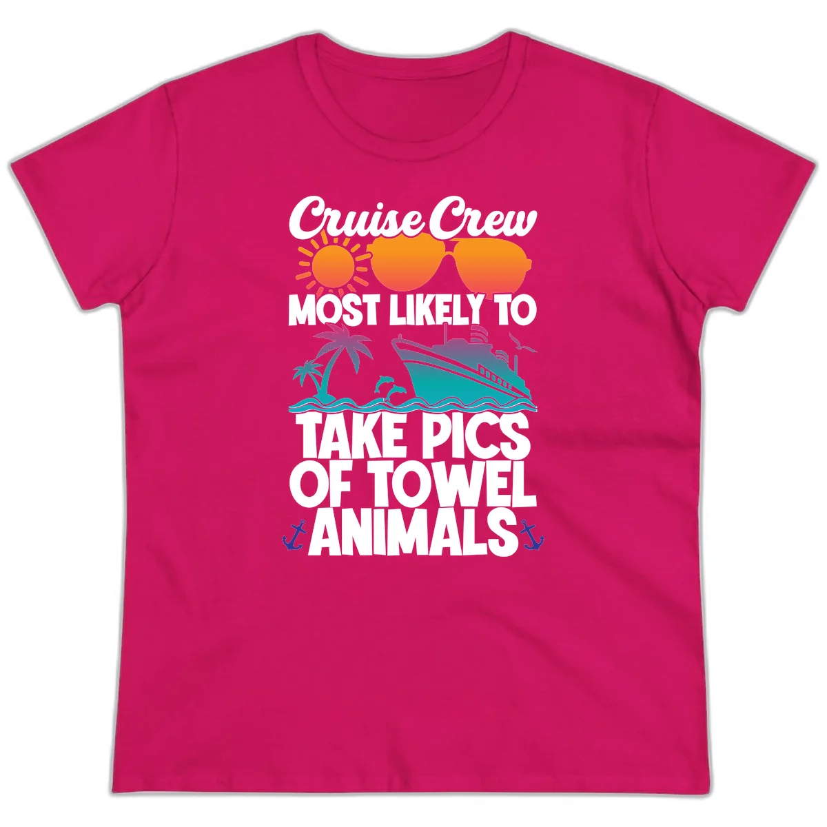 Cruise Crew Towel Animal Photos Ladies Tee in Heliconia