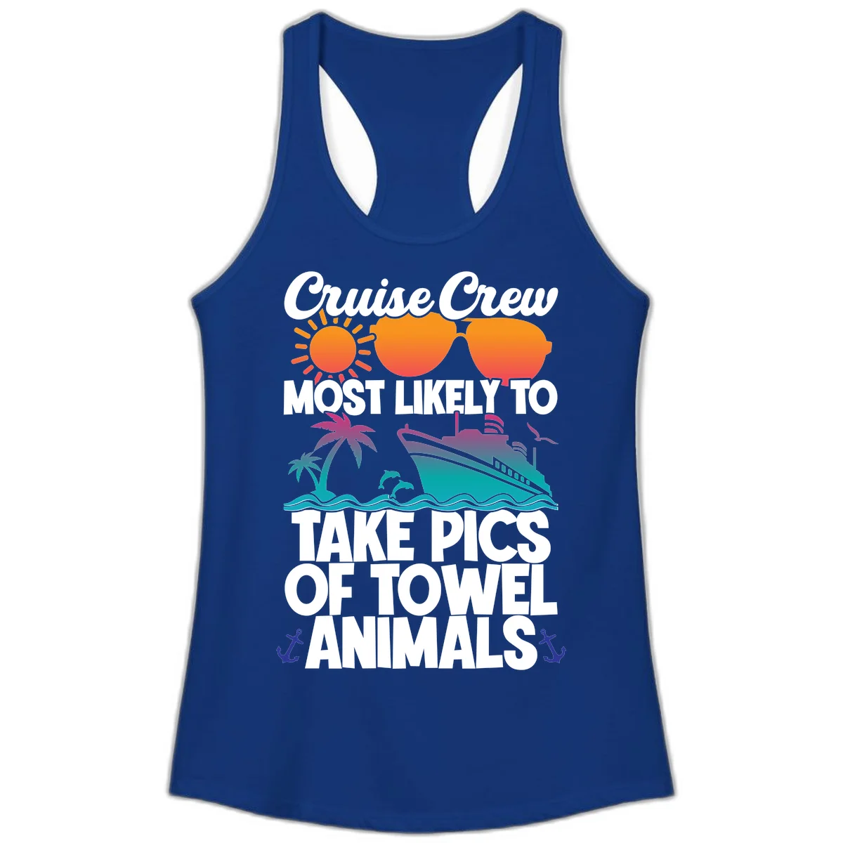 Cruise Crew Towel Animal Photos Ladies Tank in Solid Royal