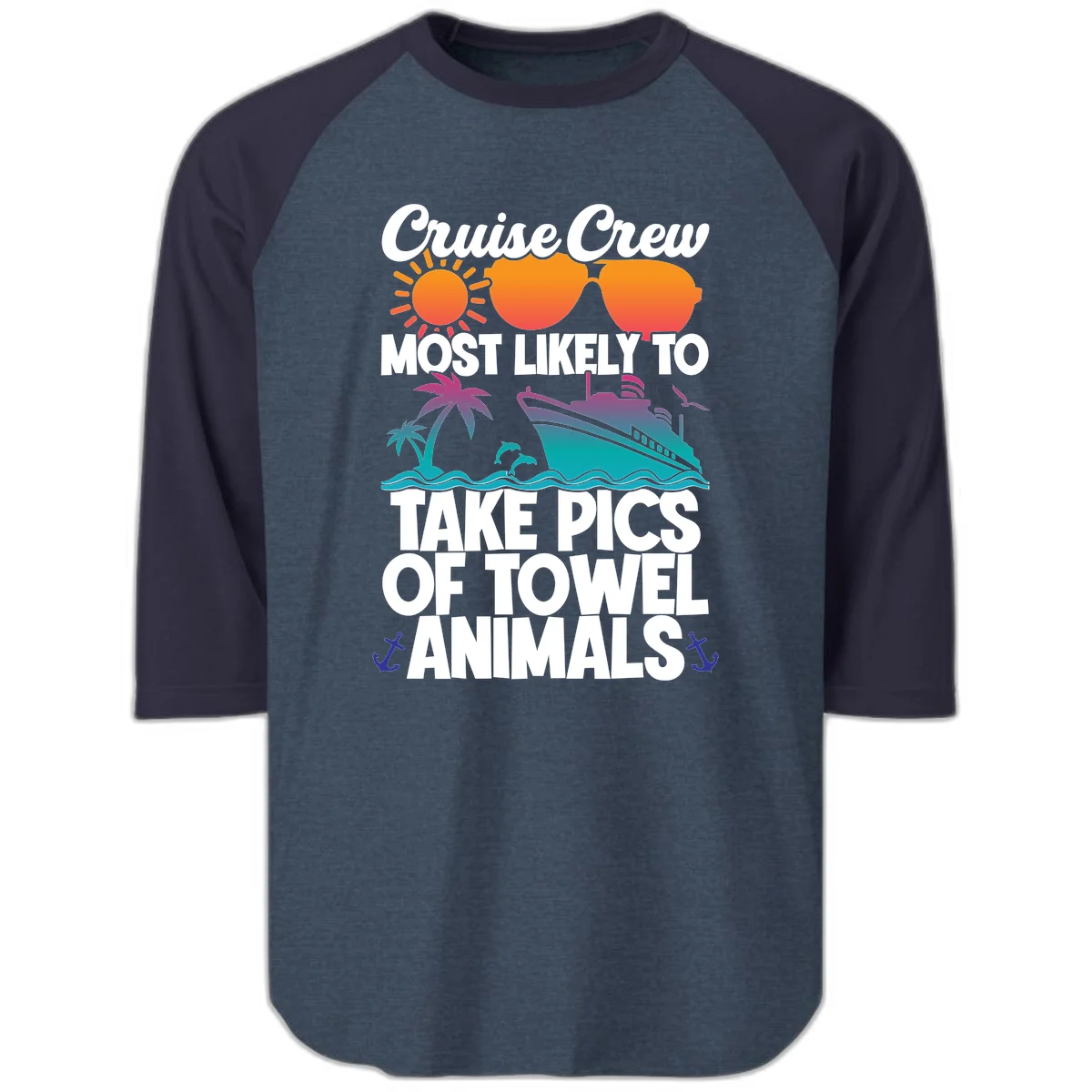 Cruise Crew Towel Animal Photos Raglan 3/4 in Heather Denim Navy
