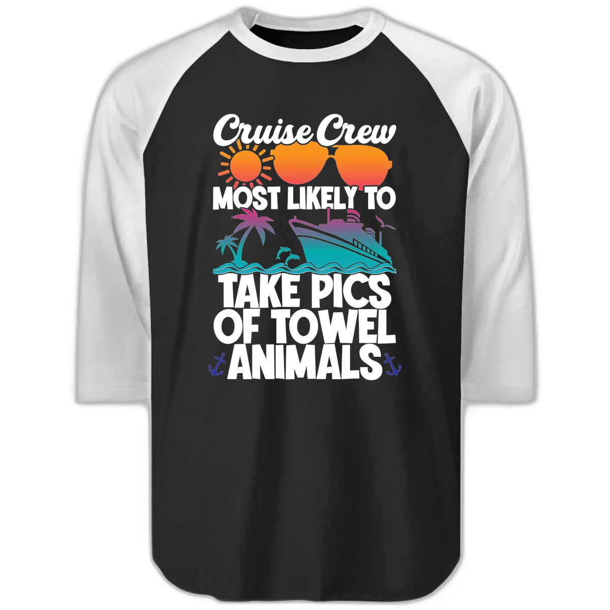 Cruise Crew Towel Animal Photos Raglan 3/4 in Black White