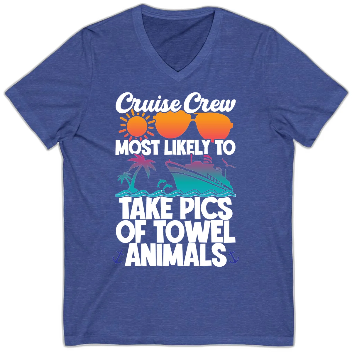 Cruise Crew Towel Animal Photos V-Neck in Heather True Royal