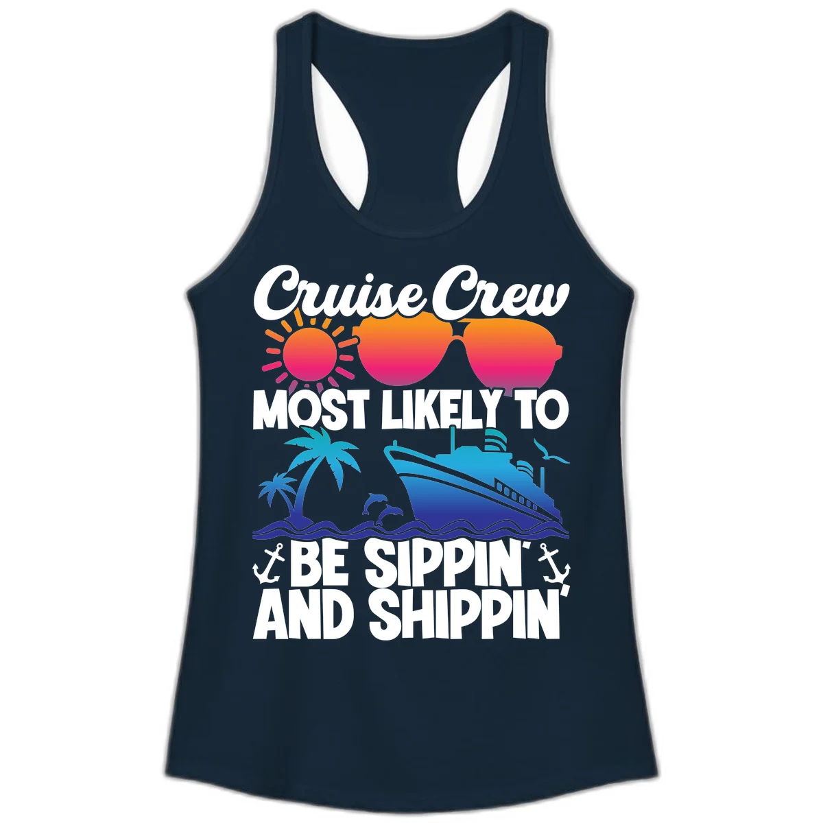 Most Likely To Be Sippin And Shippin Ladies Tank in Solid Midnight Navy