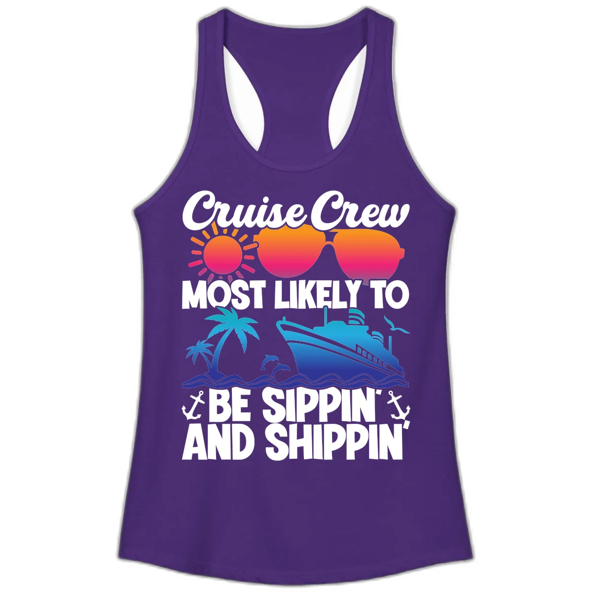 Most Likely To Be Sippin And Shippin Ladies Tank in Solid Purple Rush