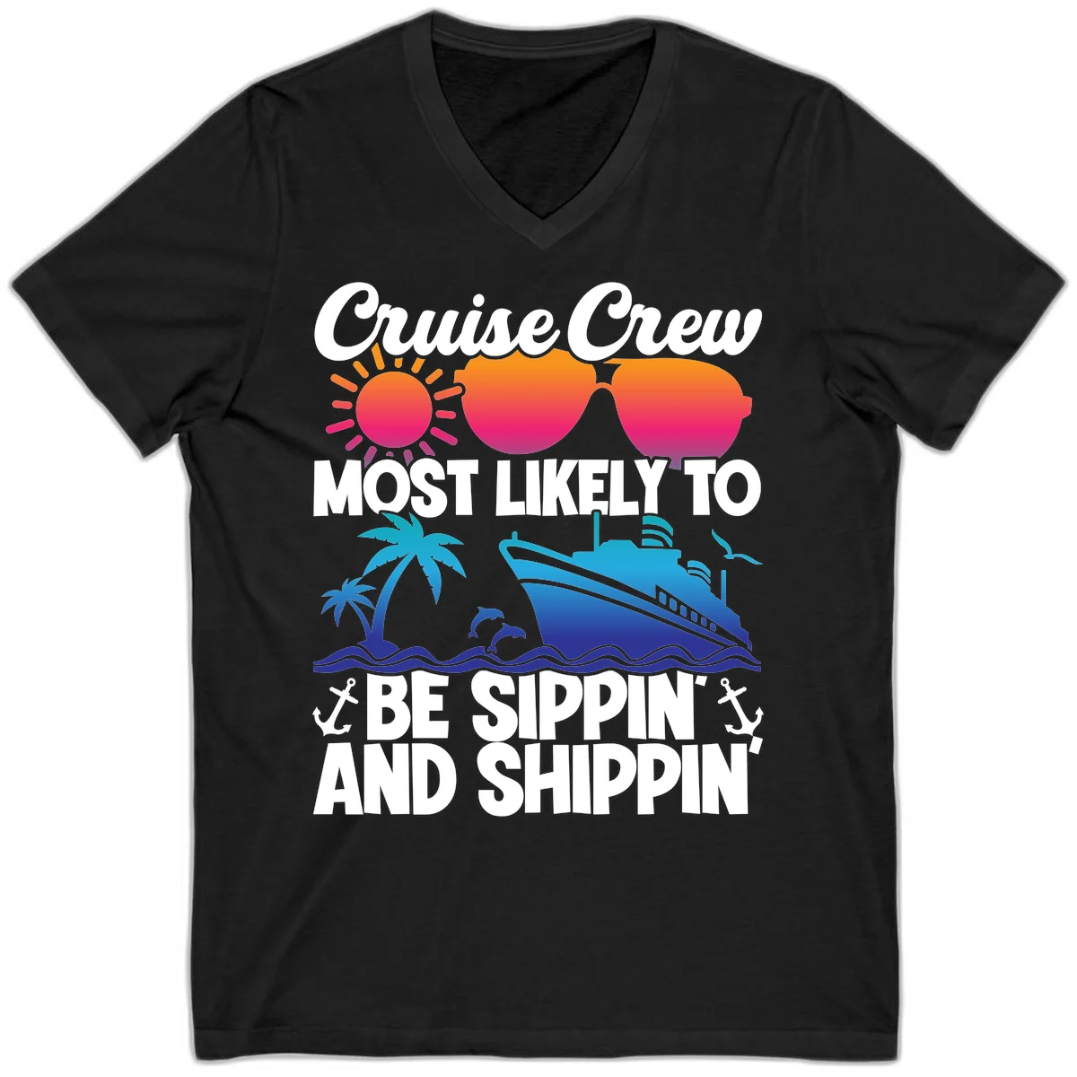 Most Likely To Be Sippin And Shippin V-Neck in Black