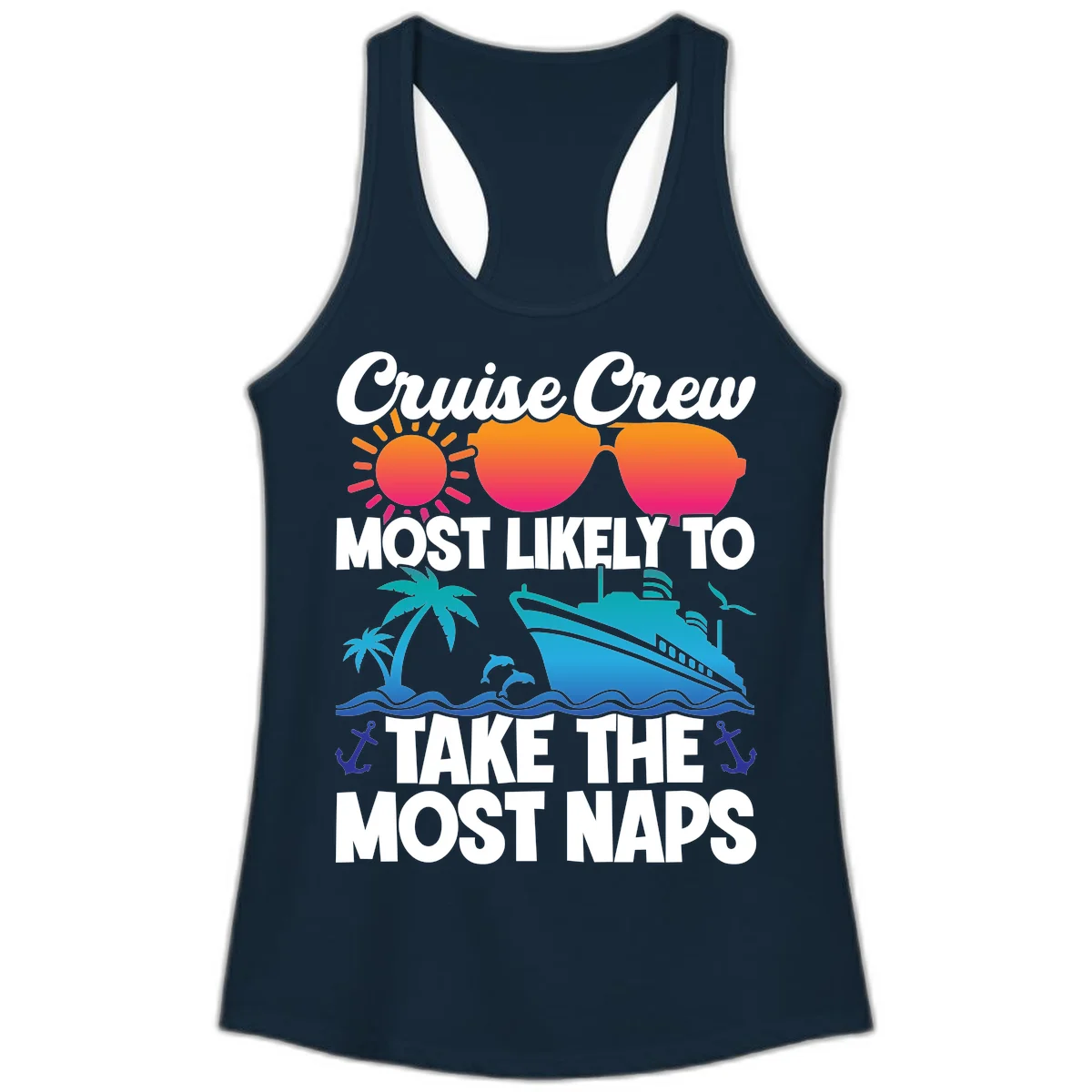 Cruise Crew Most Likely To Take The Most Naps Ladies Tank in Solid Midnight Navy