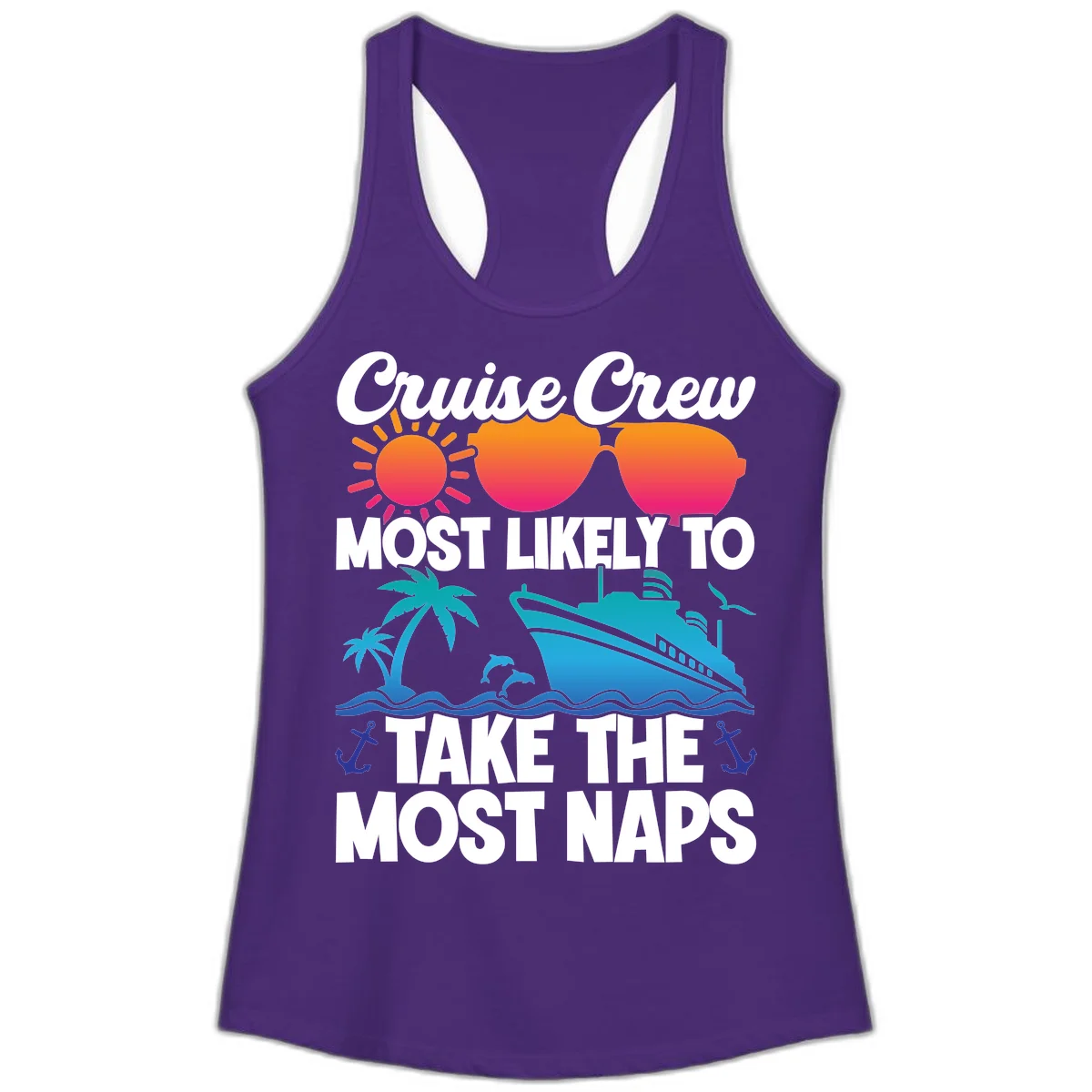 Cruise Crew Most Likely To Take The Most Naps Ladies Tank in Solid Purple Rush