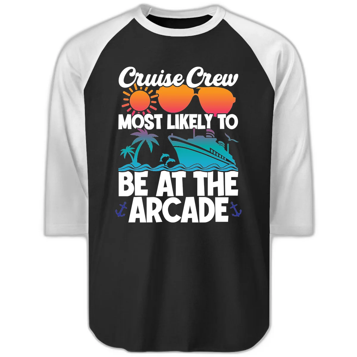 Cruise Crew Most Likely To Be At The Arcade Raglan 3/4 in Black White
