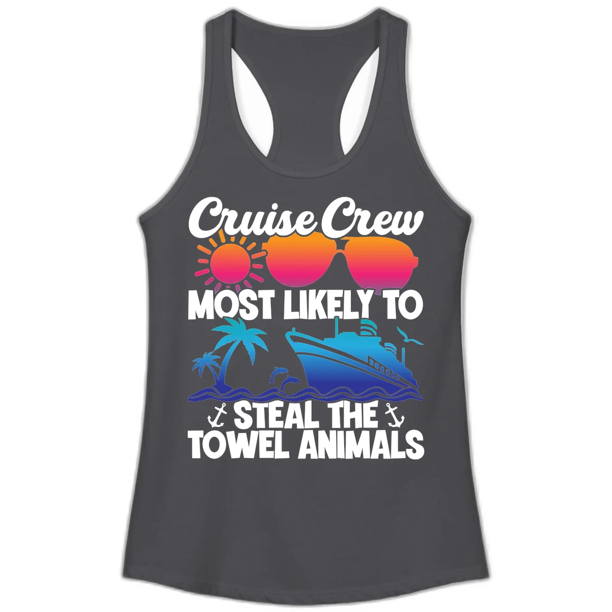 Cruise Crew Steal The Towel Animals Ladies Tank in Solid Dark Gray