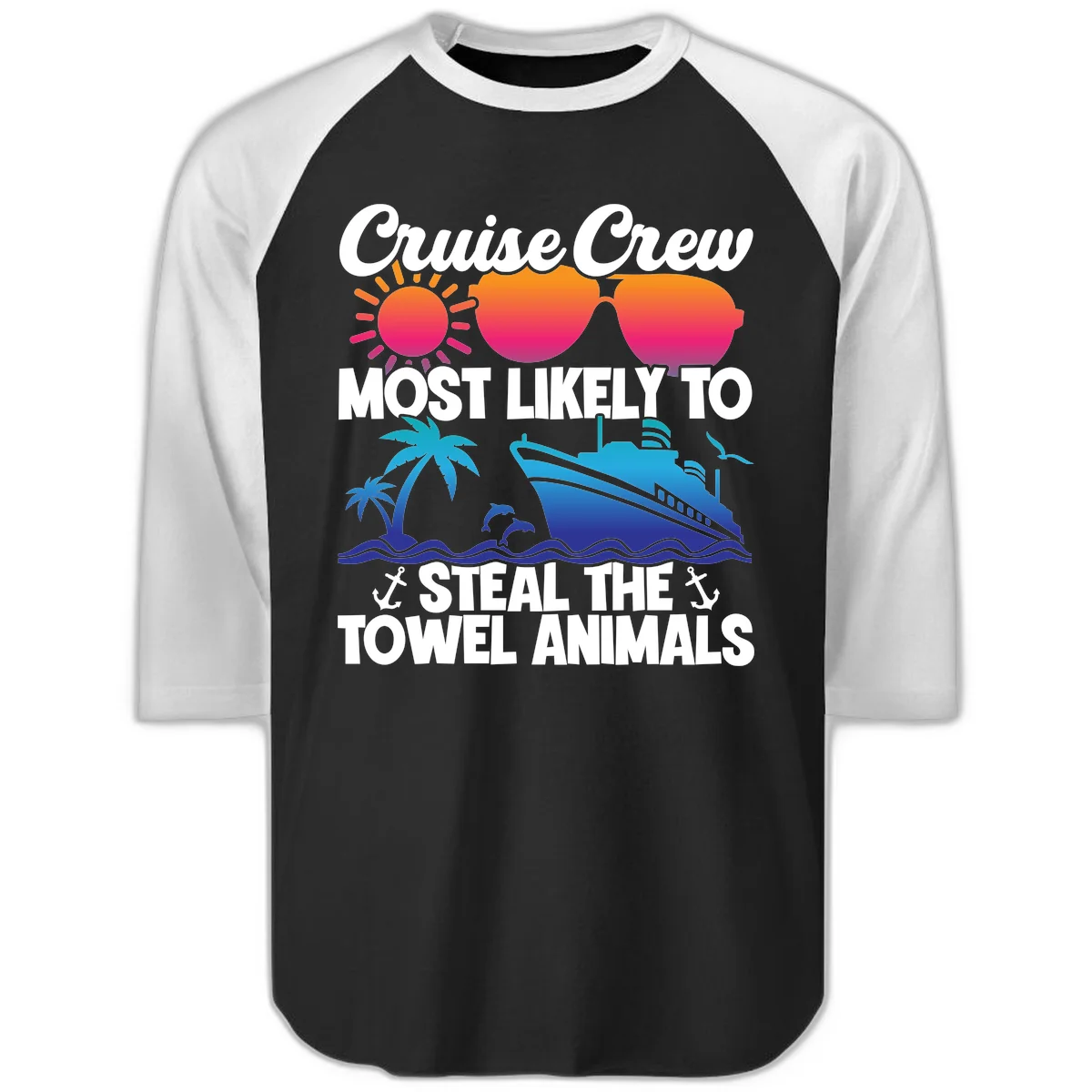 Cruise Crew Steal The Towel Animals Raglan 3/4 in Black White