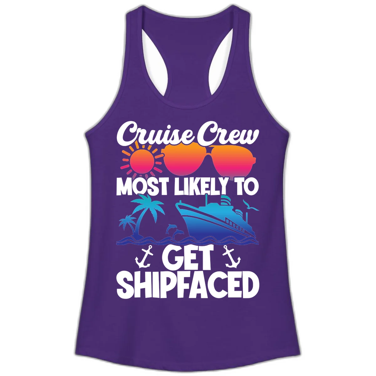 Cruise Crew Most Likely To Get Shipfaced Ladies Tank in Solid Purple Rush