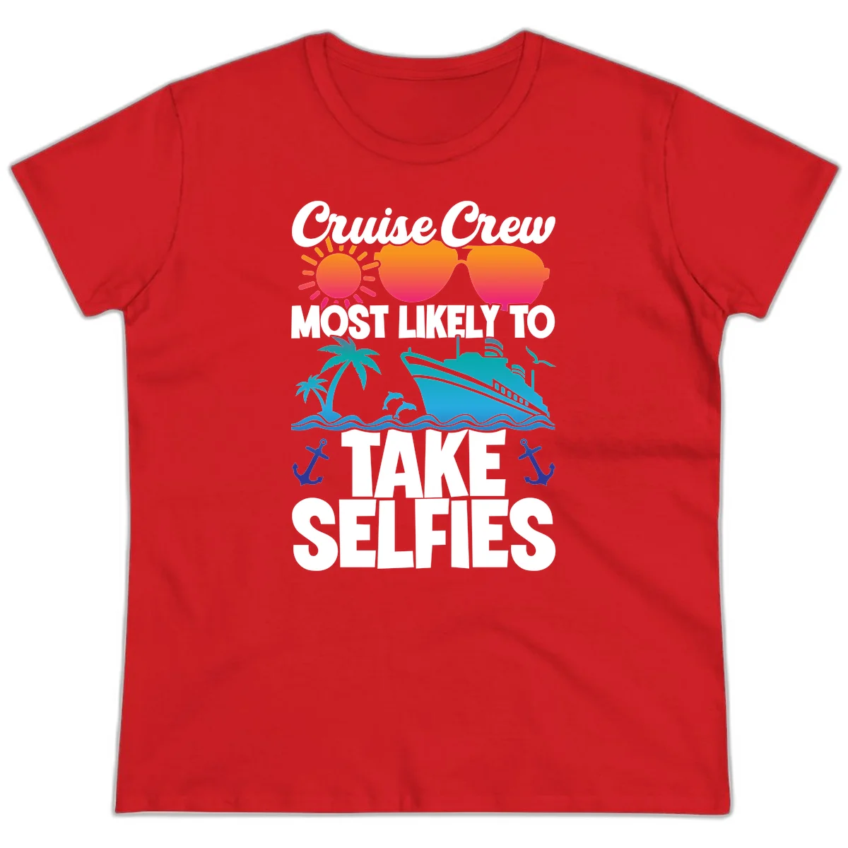 Cruise Crew Most Likely To Take Selfies Ladies Tee in Red