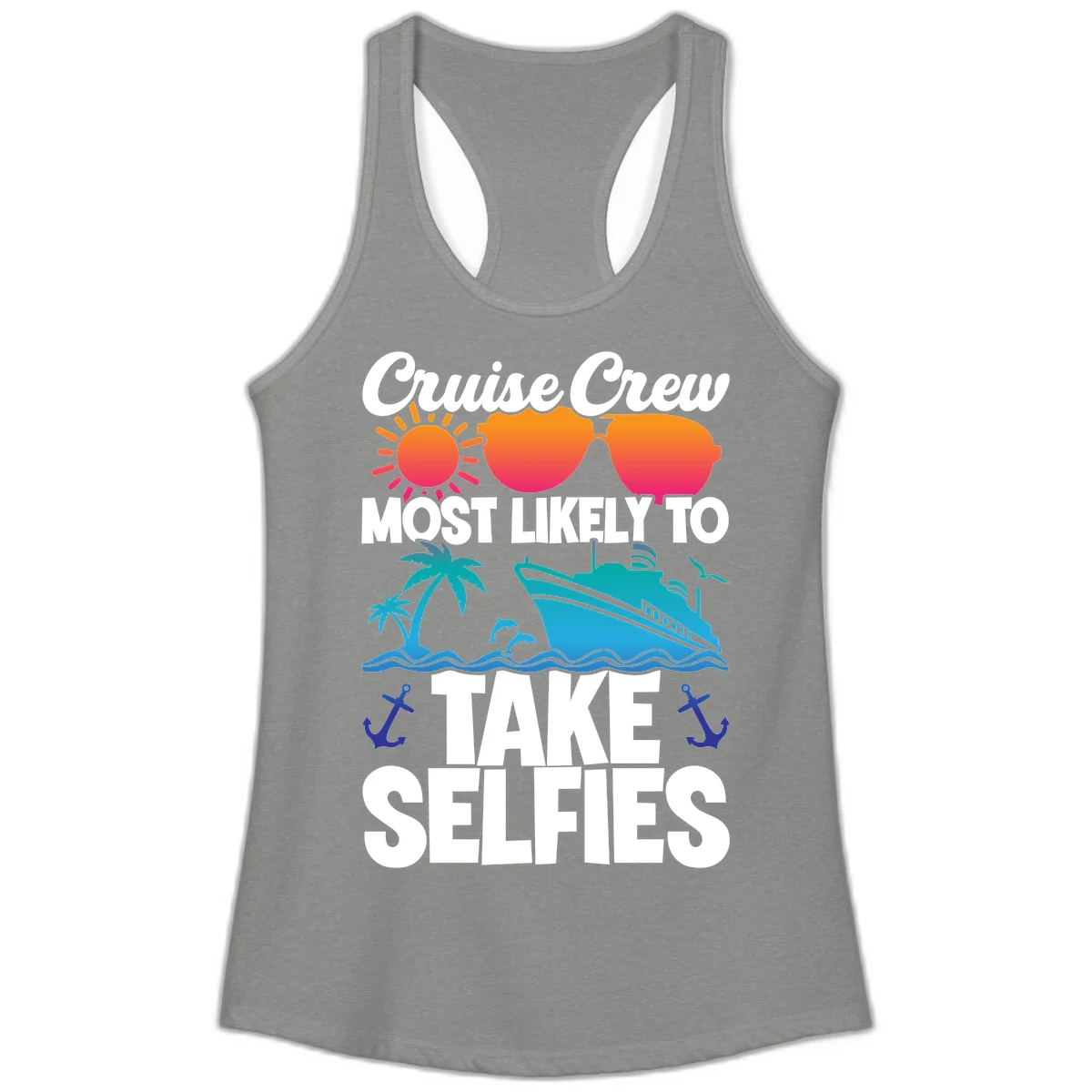 Cruise Crew Most Likely To Take Selfies Ladies Tank in Heather Grey