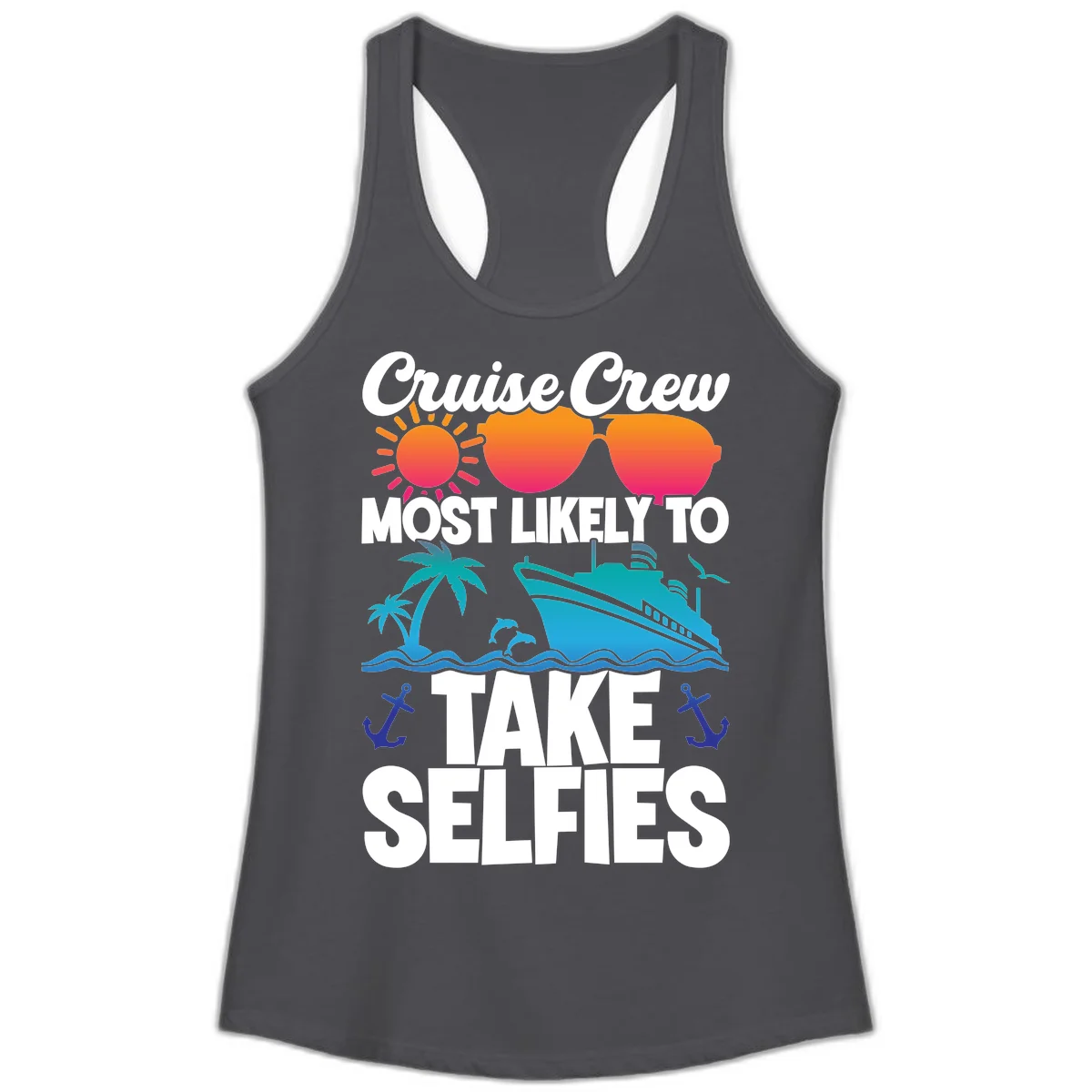 Cruise Crew Most Likely To Take Selfies Ladies Tank in Solid Dark Gray