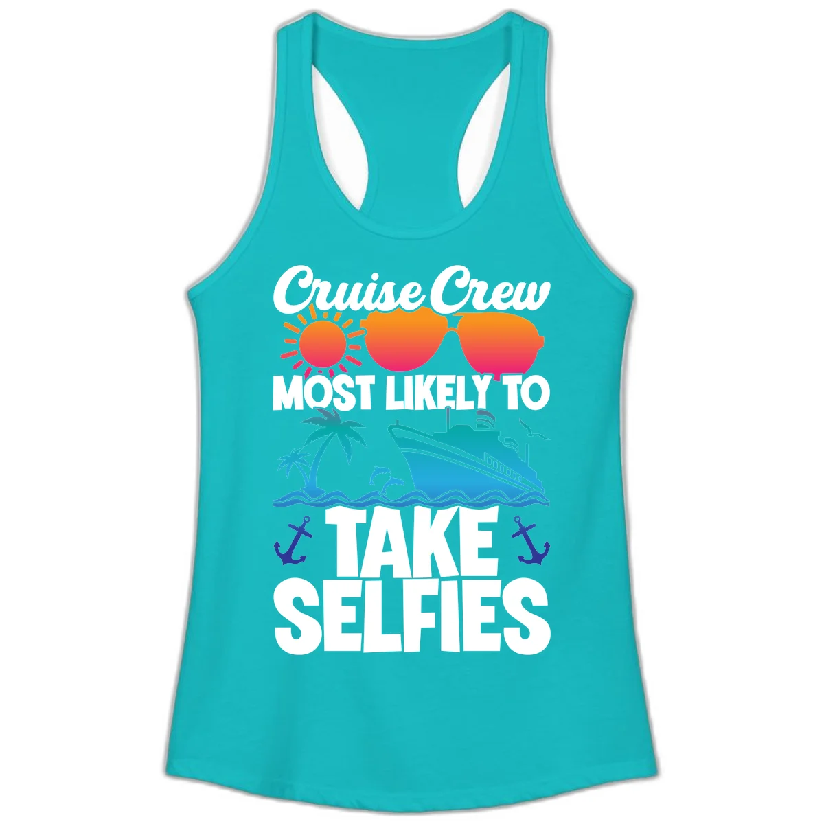 Cruise Crew Most Likely To Take Selfies Ladies Tank in Tahiti Blue