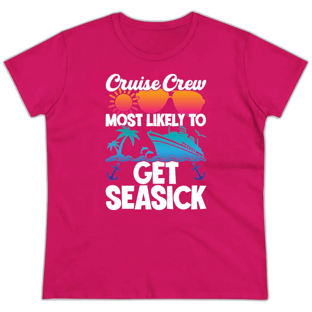 Cruise Crew Most Likely To Get Seasick Ladies Tee in Heliconia