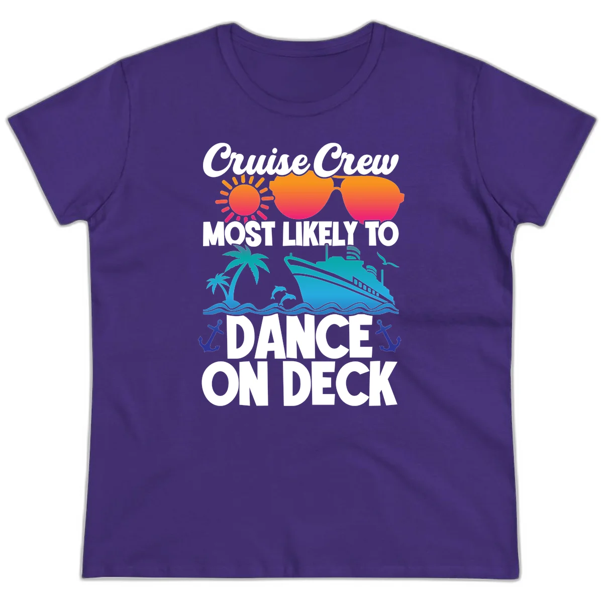 Cruise Crew Most Likely To Dance On Deck Ladies Tee in Purple