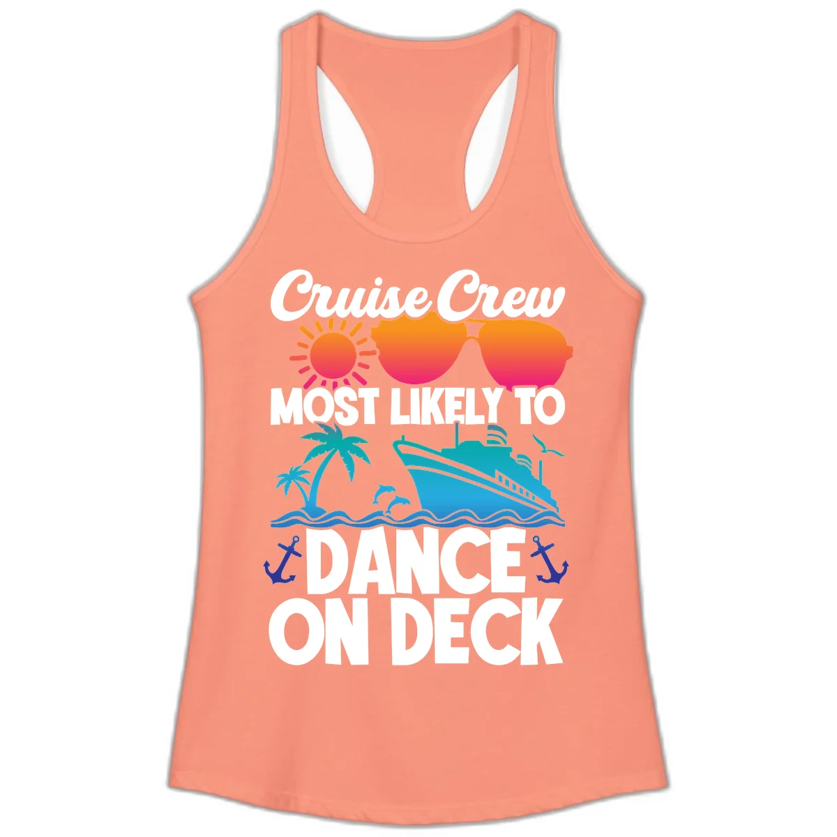 Cruise Crew Most Likely To Dance On Deck Ladies Tank in Solid Light Orange