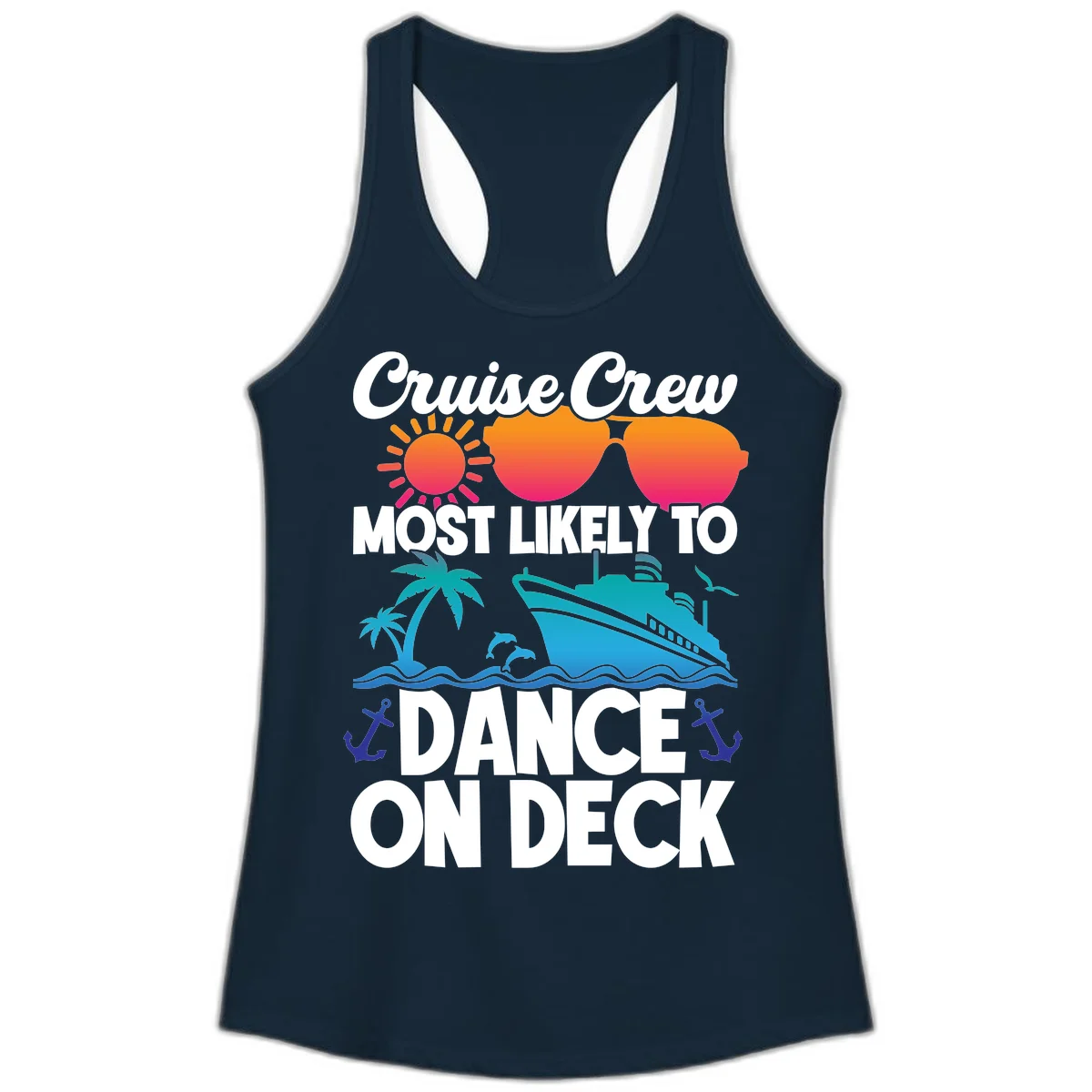 Cruise Crew Most Likely To Dance On Deck Ladies Tank in Solid Midnight Navy