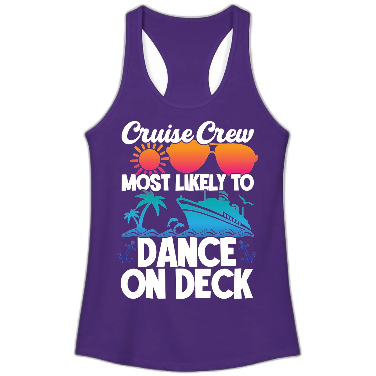 Cruise Crew Most Likely To Dance On Deck Ladies Tank in Solid Purple Rush