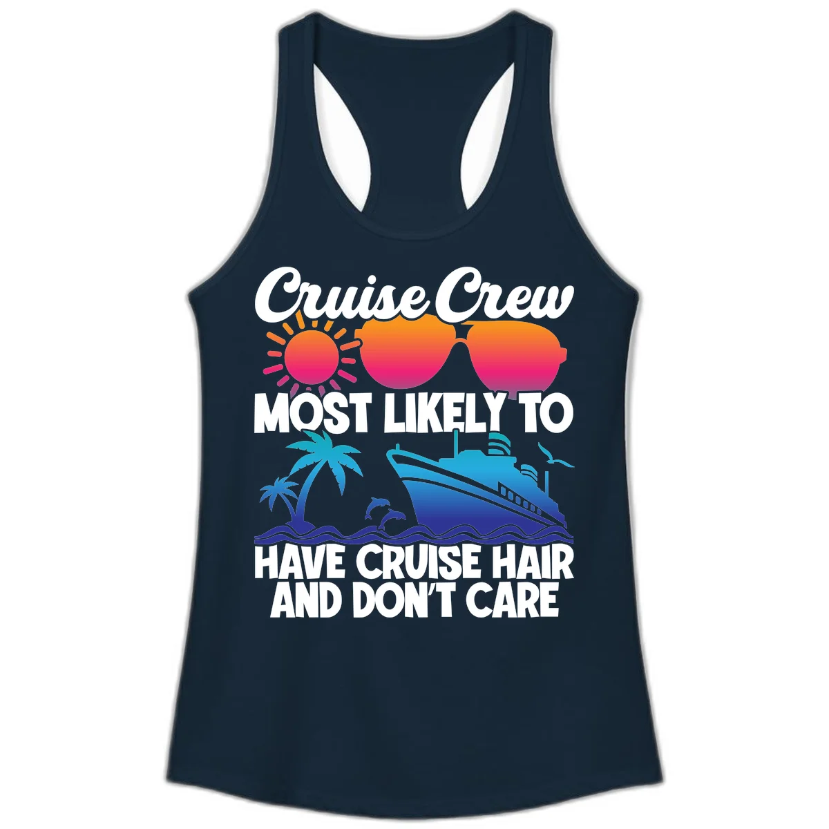 Cruise Crew Most Likely To Have Cruise Hair Ladies Tank in Solid Midnight Navy