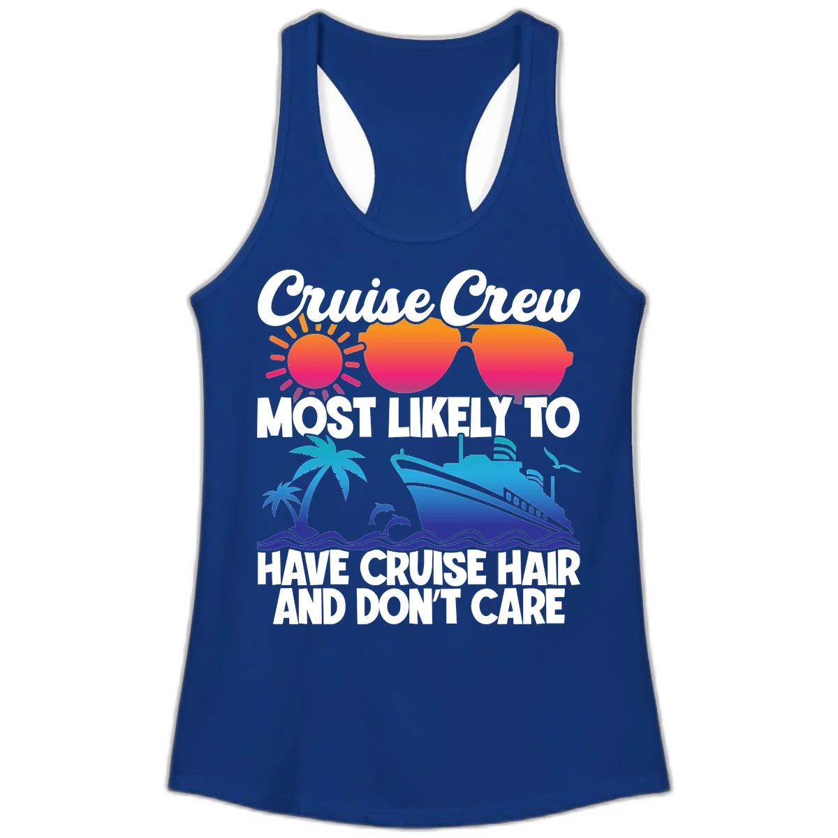 Cruise Crew Most Likely To Have Cruise Hair Ladies Tank in Solid Royal