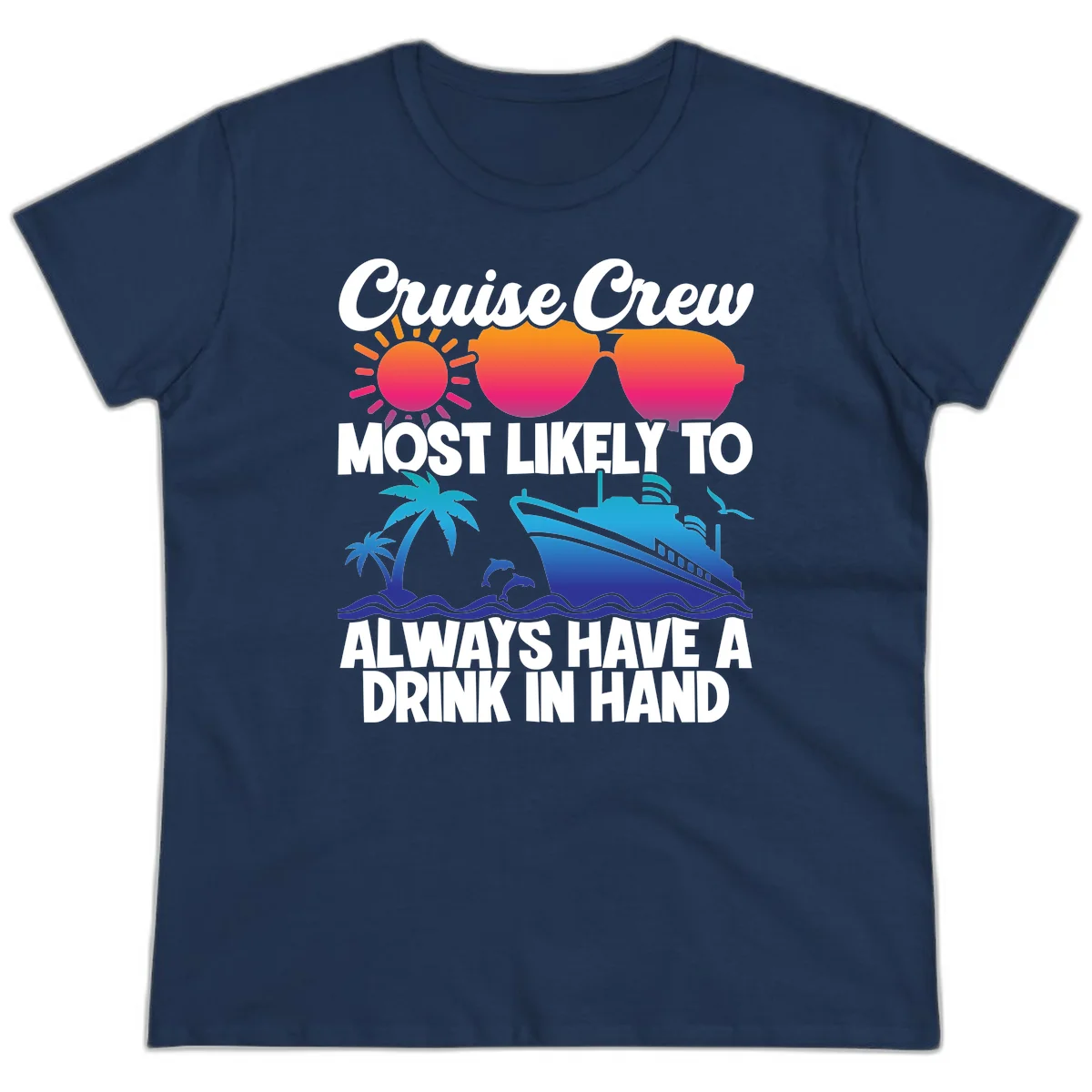Cruise Crew Drink In Hand Ladies Tee in Navy