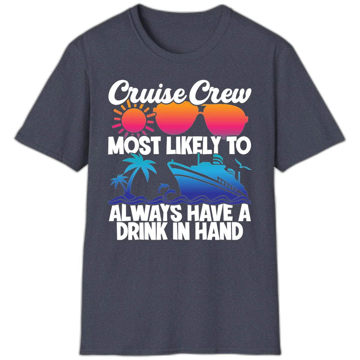 Cruise Crew Drink In Hand T-Shirt in Heather Navy