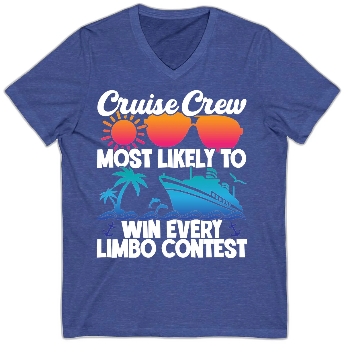 Cruise Crew Limbo Contest V-Neck T-Shirt in Heather True Royal