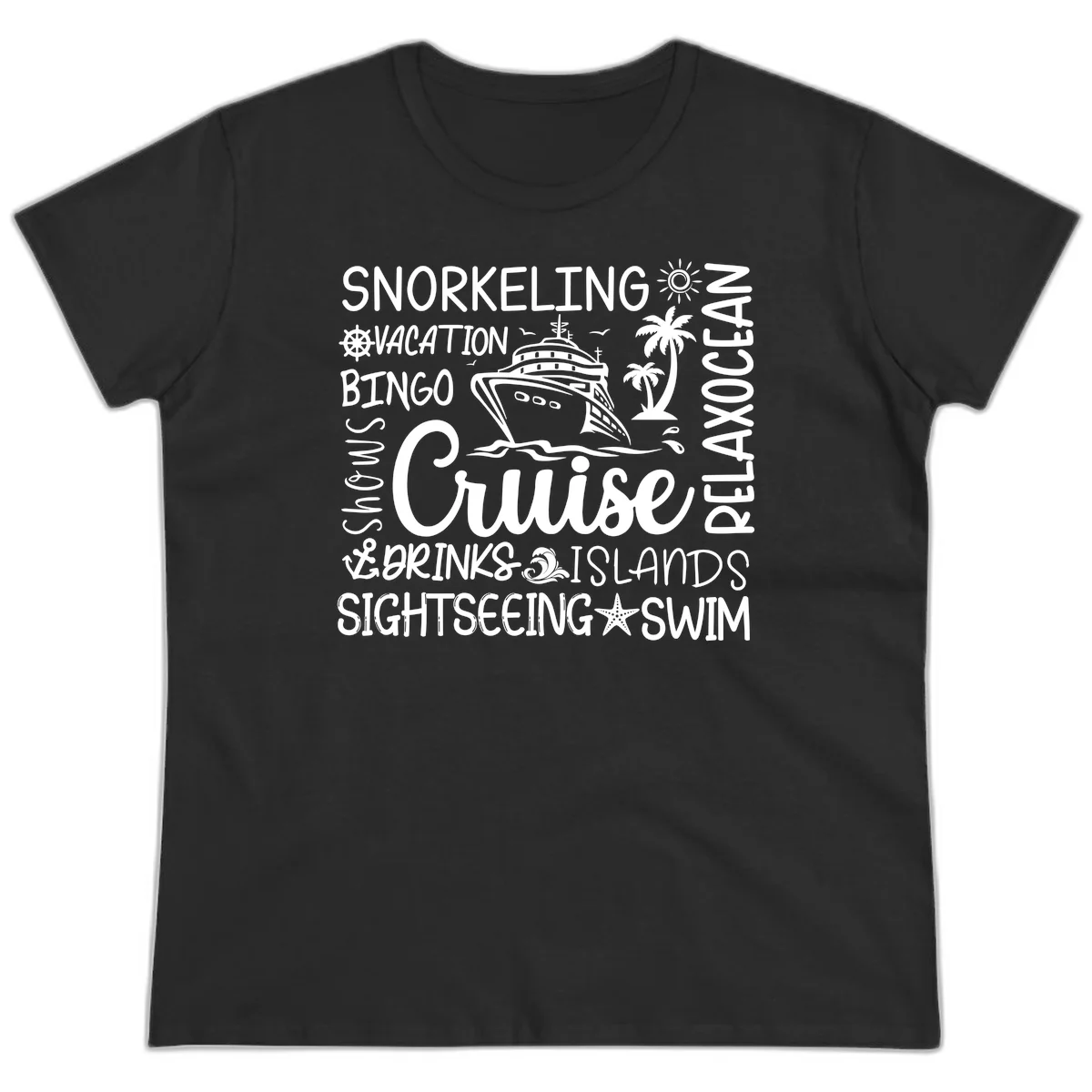 Cruise Word Cloud Vacation Ladies Tee in Black