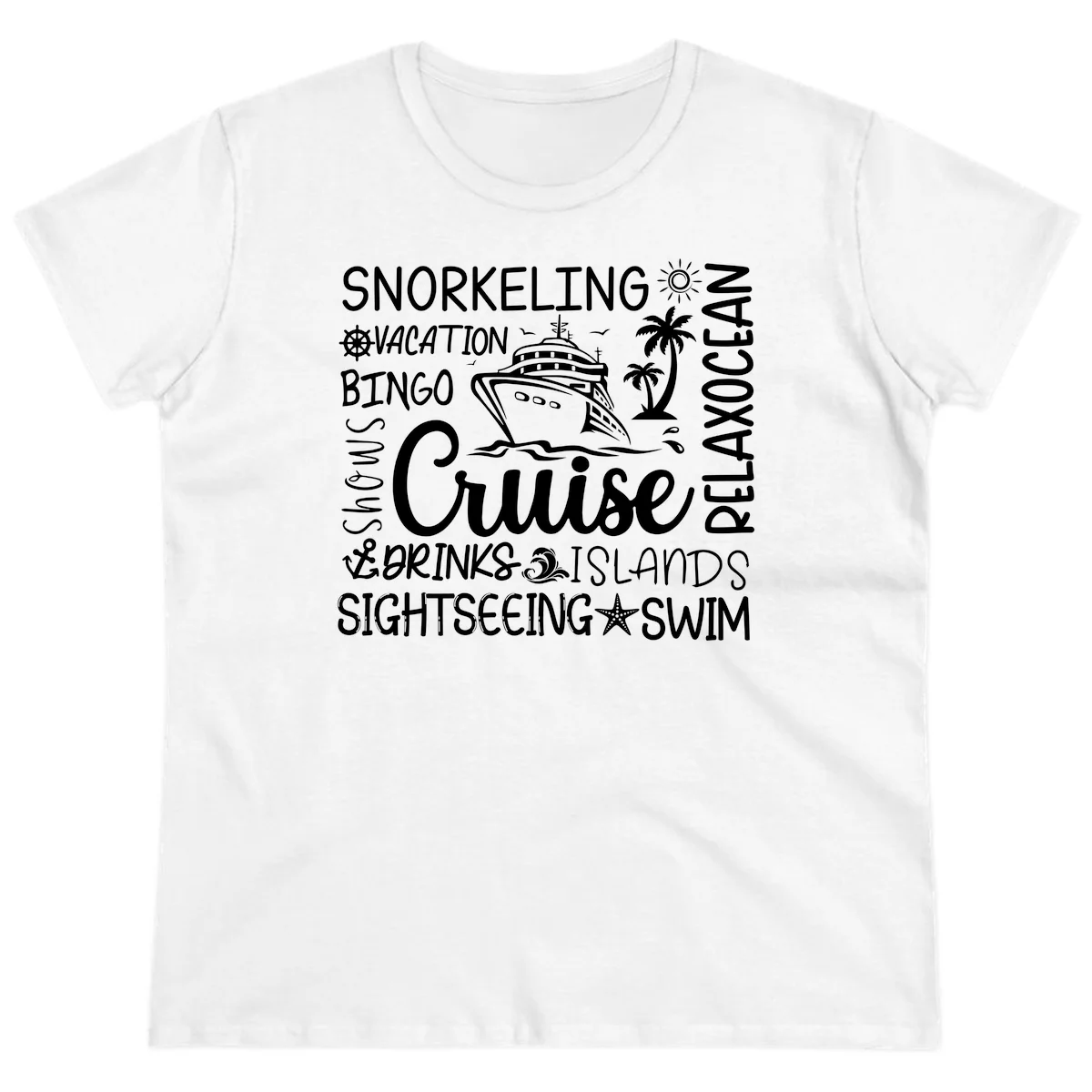 Cruise Word Cloud Vacation Ladies Tee in White
