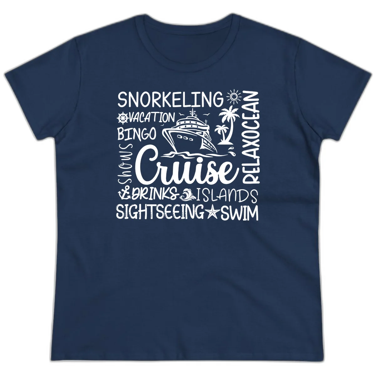 Cruise Word Cloud Vacation Ladies Tee in Navy